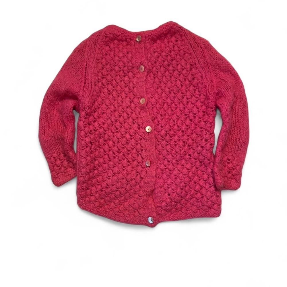 60s vibrant pink hand knitted wool cardigan by O'Neil (medium)